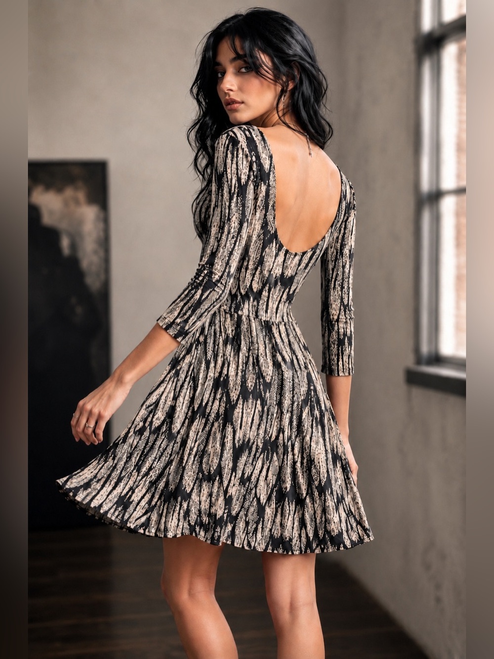 Express Feather Print Fit & Flare Scoop Back Jersey Dress 3/4 Sleeve Size XS